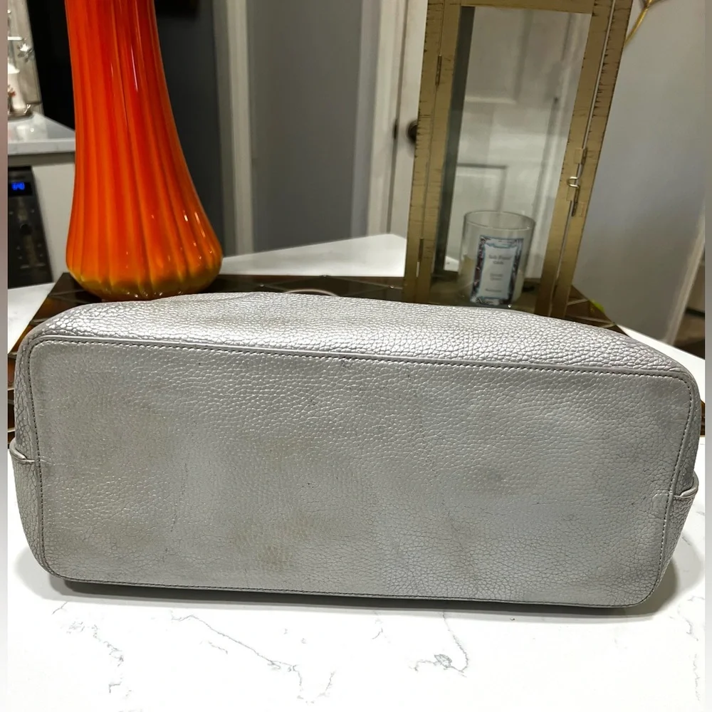Tory Burch Perry Metallic Gray Leather Large Silver Tote Bag